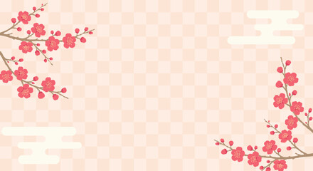 Japanese style red plum blossom background with checkered pattern and clouds, spring frame
