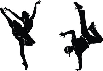 Black silhouettes of a graceful ballerina and a dynamic breakdancer in motion © Pemarathna