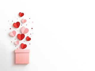 Floating Red Hearts Coming Out of Gift Box, Minimal Love and Romance Concept on White Background.