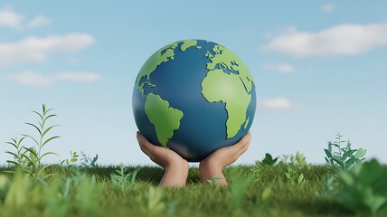 Two human hands gently hold a stylized green and blue globe rising from vibrant green grass