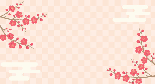Japanese style red plum blossom background with checkered pattern and clouds, spring frame
