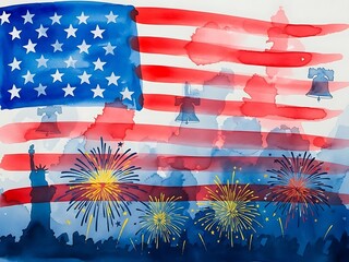 Vibrant Watercolor Art Celebrating American Patriotism with Iconic Symbols and Fireworks