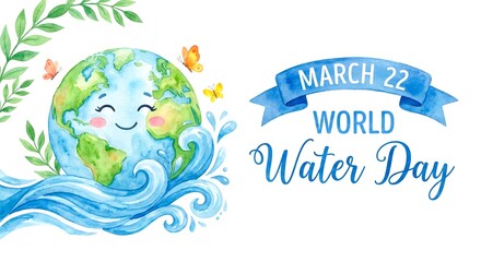 Smiling Earth with wavy water and leaves on World Water Day