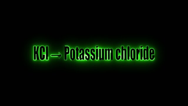 Neon green text showing K Cl converting to potassium chloride on a Generate title without using the word "Title:" before it. black background chemical formula