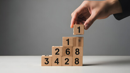 A hand building a tower with wooden blocks numbered for a strategic growth concept