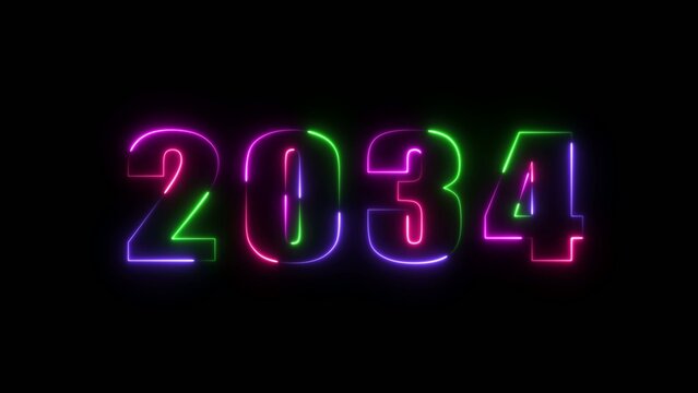 Neon multicolor glowing numbers spelling 2034 on a Generate title without using the word "Title:" before it. black background with vibrant pink green and blue outlines