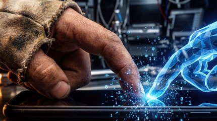 Mechanic fingertip touching digital polygon finger on dark interface