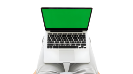 Person holding modern laptop with green screen for content mockup and remote work isolated PNG with Transparent Background