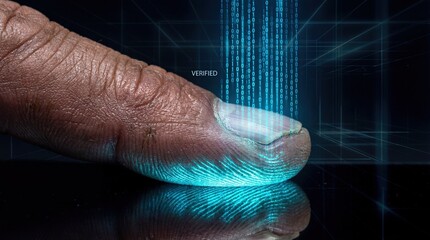 Biometric thumbprint verification on glass with glowing cyan binary code