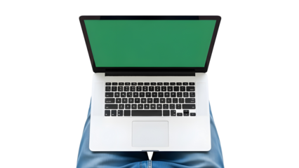 Person working with silver laptop showing blank green screen display for technology mockup. isolated PNG with Transparent Background