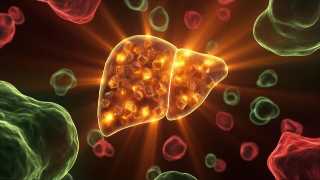 blood glucose regulation mechanism focusing on the illuminated human liver organ structure, metabolism, and detoxification process concept.