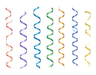 Assorted colorful ribbons in a swirling, vertical arrangement against white