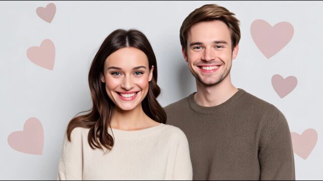 Happy boyfriend kissing his beautiful girlfriend on the cheek on a background with hearts