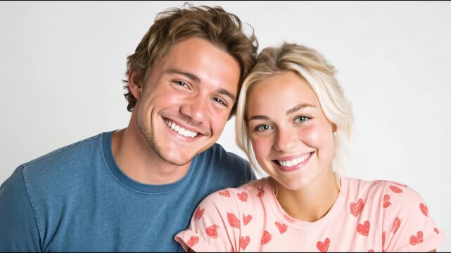Beautiful young man and woman kissing, smiling, and looking at the camera on an isolated white background