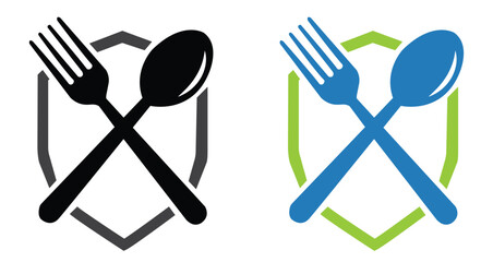 Restaurant food safety logo featuring crossed fork and spoon icons on a protective shield for hygiene certification catering services and culinary branding