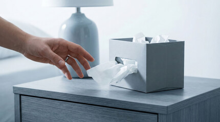 Cough Relief: Hand Reaching for a Tissue from a Box on a Nightstand for Cold or Allergy Symptoms