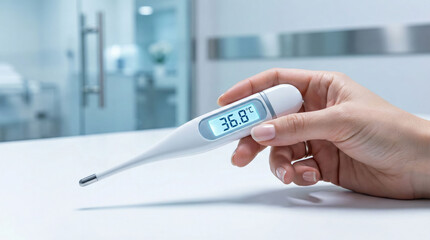 Cough Symptom Check: Hand Holding Digital Thermometer Displaying Normal Body Temperature (36.8°C) in a Medical Setting