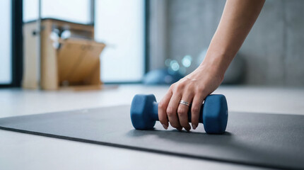 Fototapeta premium Shoulder injury rehabilitation: Woman's hand carefully picking up a light dumbbell from a yoga mat, focusing on gentle exercise and recovery in a home gym setting.
