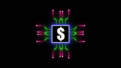 Neon processor chip with green and magenta circuit lines and nodes surrounding a central dollar sign Generate title without using the word "Title:" before it