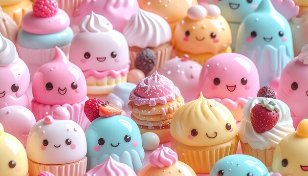 Cartoon Dessert Pattern with Smiling Cupcakes, Macarons, and Sweet Treats in Pastel Colors - Powered by Adobe