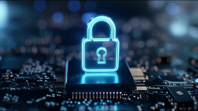 Futuristic glowing blue padlock icon standing on a computer processor on a circuit board