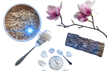 Spa products in natural materials with soft pink flowers in serene pastel lighting on wooden texture for wellness branding