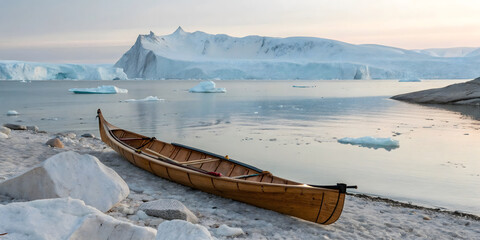 Traditional wooden boat on an icy shore with icebergs in the arctic