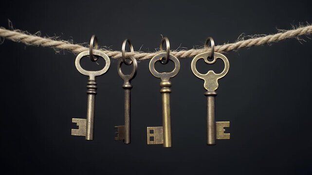 Four Antique Skeleton Keys Hang Suspended From A Rough Rope Against A Dark Textured Background