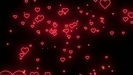 Neon red outlined hearts scattered on a dark Generate title without using the word "Title:" before it. background with glowing light effect © My studio