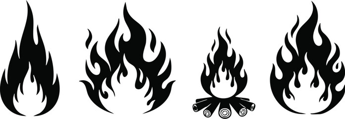 Obraz premium Set of black flame silhouettes and bonfire icons with wooden logs on white