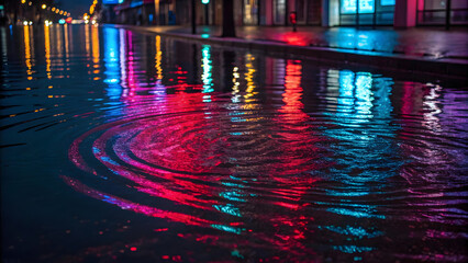 Vibrant neon reflections dance on a rippled urban puddle at night after a rain