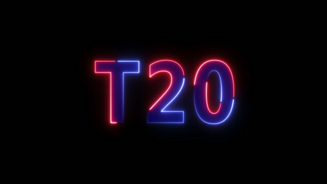 Neon T20 text in blue and red neon lights on a dark Generate title without using the word "Title:" before it. background