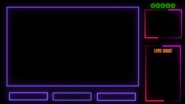 Neon streaming overlay with purple and pink outlines on Generate title without using the word "Title:" before it. black background including live chat and rating stars