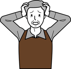 正面向き。頭を抱えるシャツとベストを着た高齢男性。