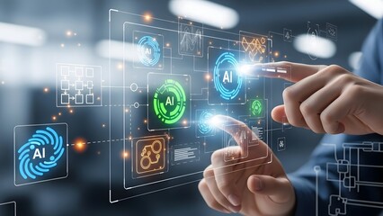 Person interacting with futuristic AI interface technology.