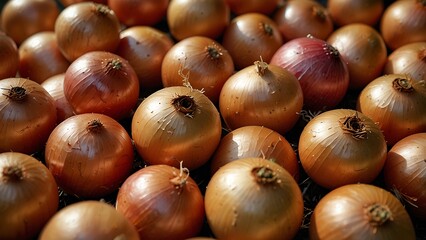 Obraz premium Fresh Harvested Yellow and Red Onions in Sunlight, Close Up Top View of Organic Bulb Vegetables with Golden Skins for Culinary Background, Healthy Food Ingredient and Agriculture Concept.
