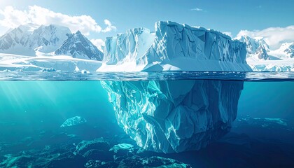 Stunning underwater view of a massive iceberg floating against a backdrop of snow-capped mountains