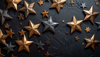 Overhead shot of metallic stars of varying sizes, scattered on a textured black surface