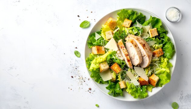 A delicious Caesar salad with grilled chicken, croutons, parmesan, and fresh greens