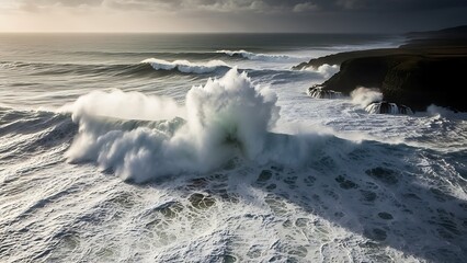 Powerful ocean waves crashing against rugged coastline with white foam