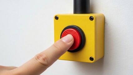 Red Alert Finger presses the Emergency Stop Button on a clean white wall.