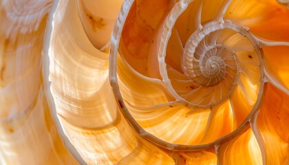 Close-Up of Spiral Seashell with Orange and White Bands on White Background