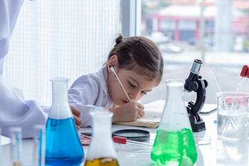 Unfocus close-up group of cute elementary student girls scientist wearing eyeglasses lab coat uniform having fun lab test science class in laboratory room, lifestyle kid learning education concept