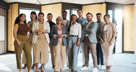 Portrait, team and smile with business people at conference for workshop, training seminar and...