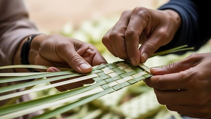Crafting woven green palm leaves showcasing a traditional handcraft skill