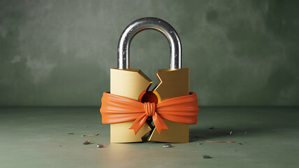 A broken golden padlock with an orange ribbon symbolizing security breached on transparent background