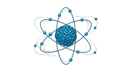Detailed 3D model of an atom with blue electrons orbiting a central nucleus composed of protons and neutrons on white.