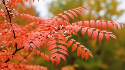 Autumn Blaze Vibrant Rowan Leaves with Pearly Berries in Soft Focus.