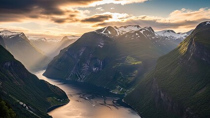 Majestic fjord landscape with snow-capped mountains at sunset