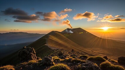 Sunset over volcanic mountain landscape with smoke and vibrant sky
